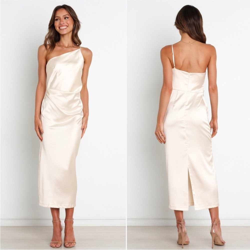 Petal & Pup Luella Satin One-Shoulder Dress in Pearl White